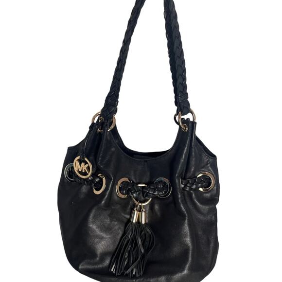 Michael Michael Kors Braided Astor Grommet Large Shoulder Tote Black Leather - Picture 1 of 14